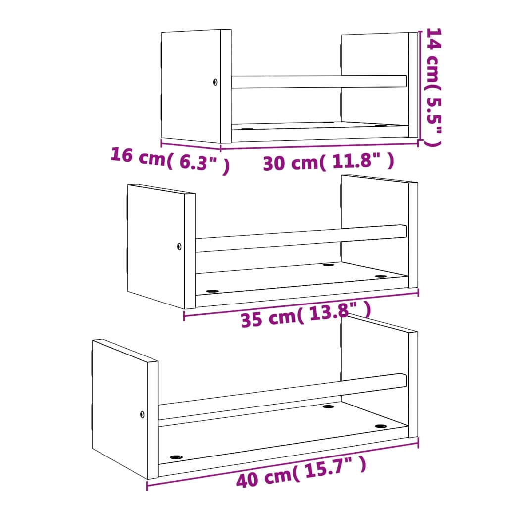 3-piece wall shelf set with rods Sonoma oak wood material
