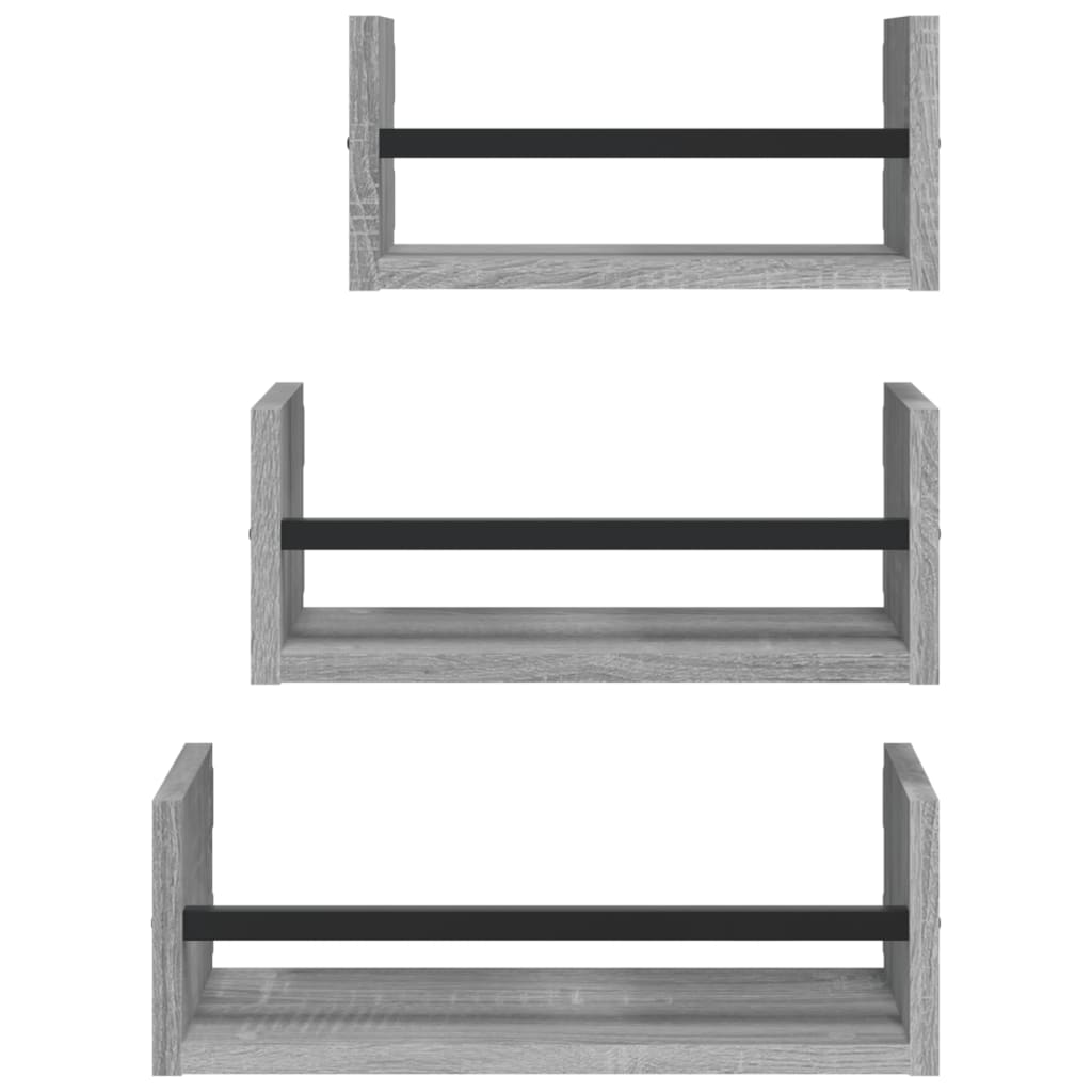3-tlg. Wandregal-Set mit Stangen Grau Sonoma Holzwerkstoff