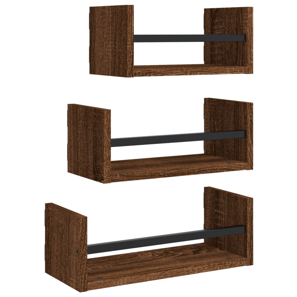 3-piece wall shelf set with rods brown oak wood material