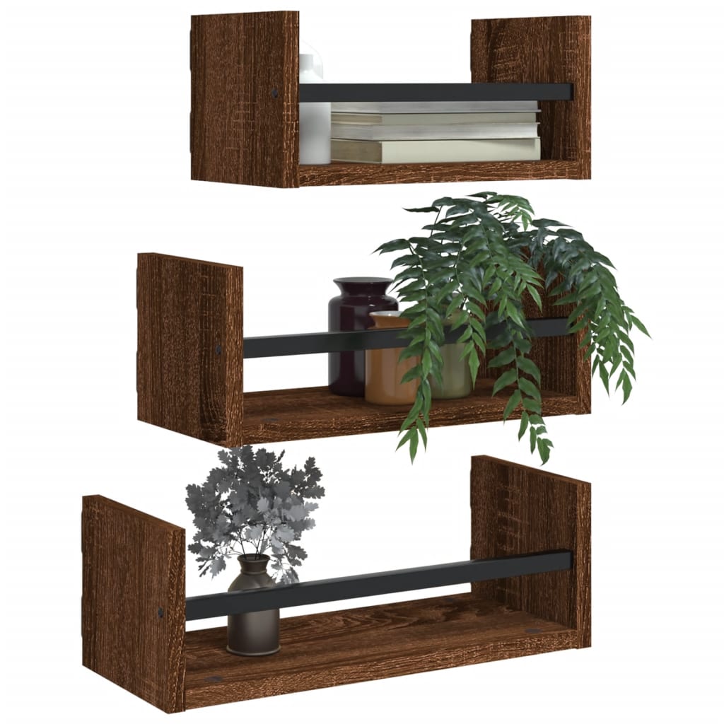 3-piece wall shelf set with rods brown oak wood material