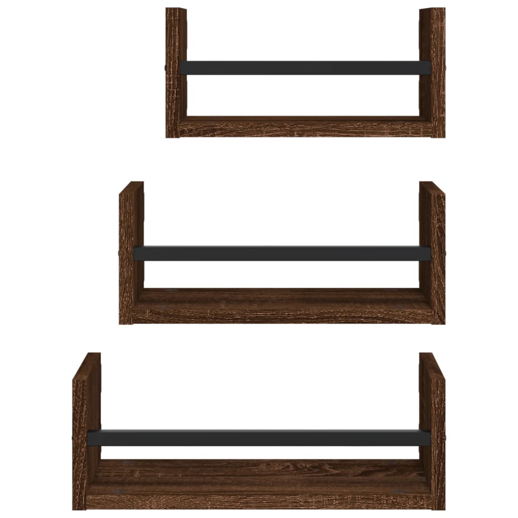 3-piece wall shelf set with rods brown oak wood material