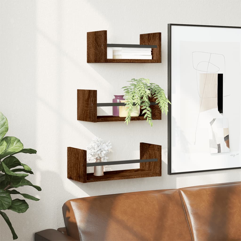3-piece wall shelf set with rods brown oak wood material