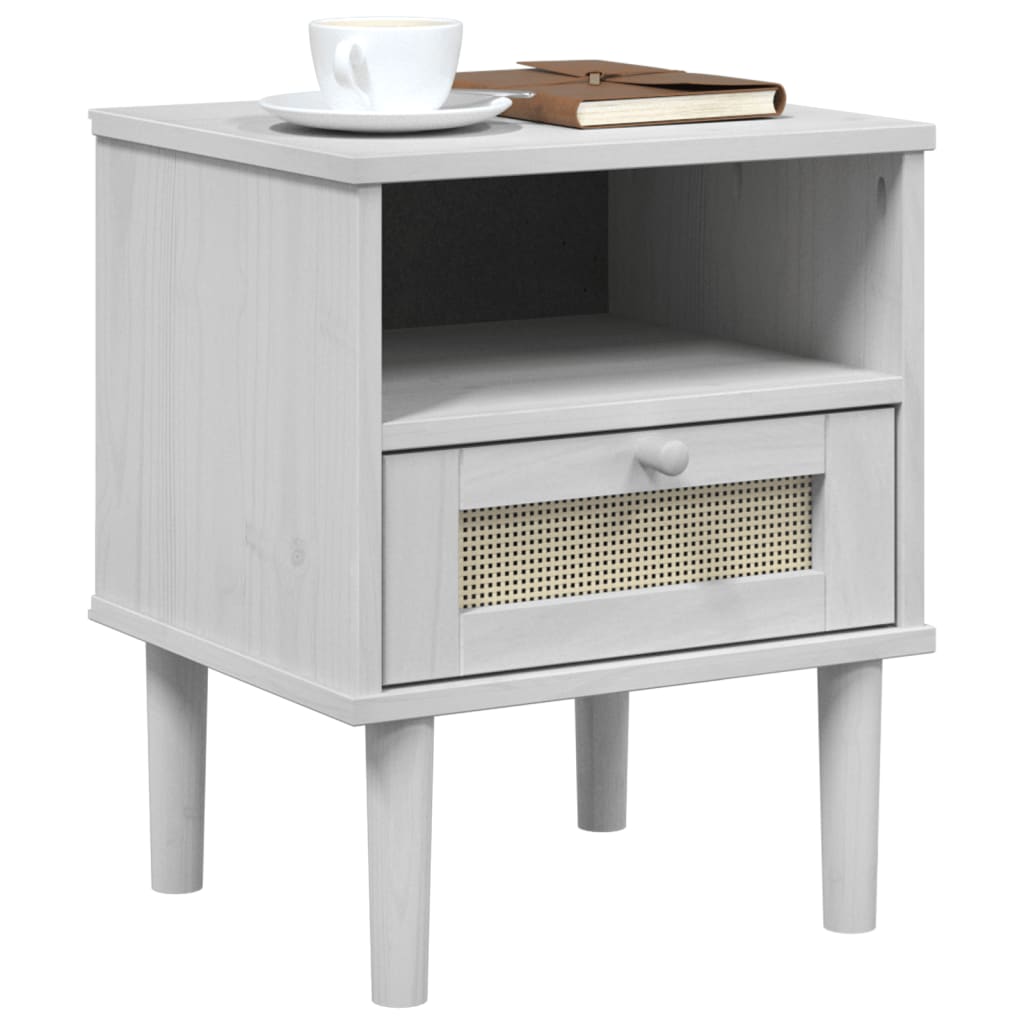 Bedside table SENJA rattan look white 40x35x48 cm solid pine wood