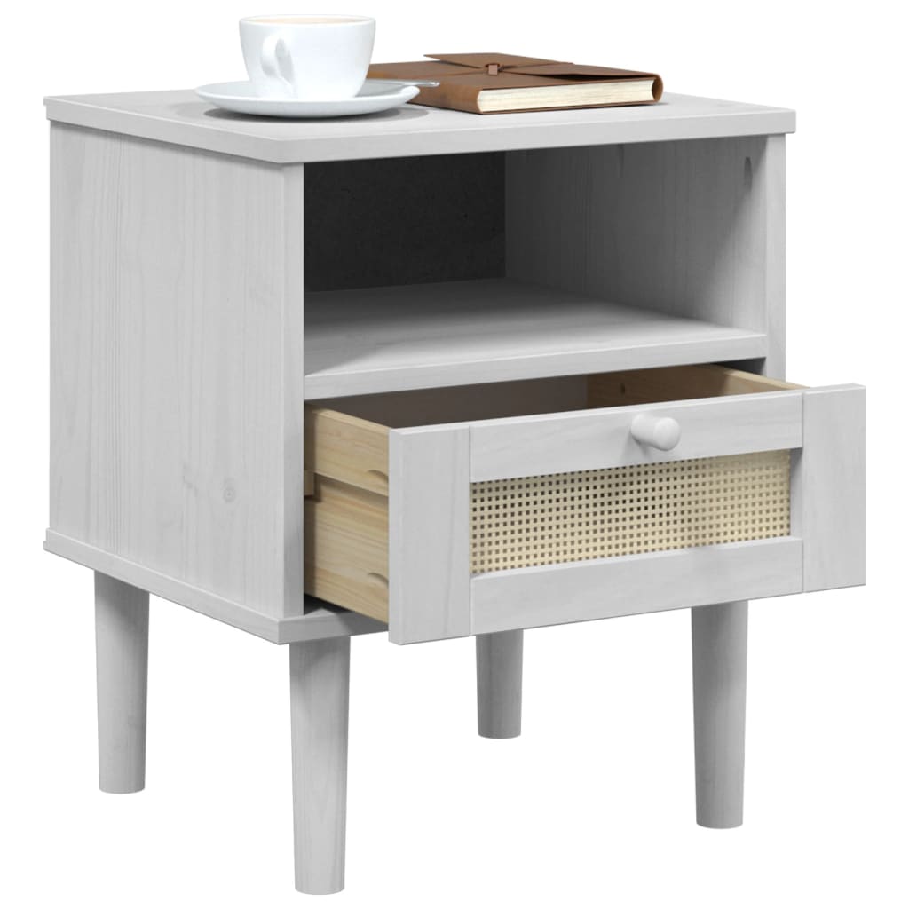 Bedside table SENJA rattan look white 40x35x48 cm solid pine wood