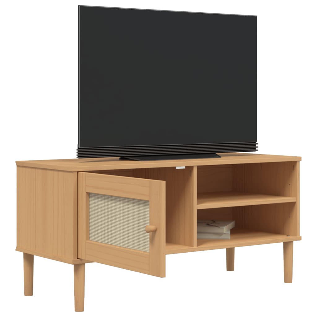 Meuble TV SENJA aspect rotin marron 106x40x49 cm pinède
