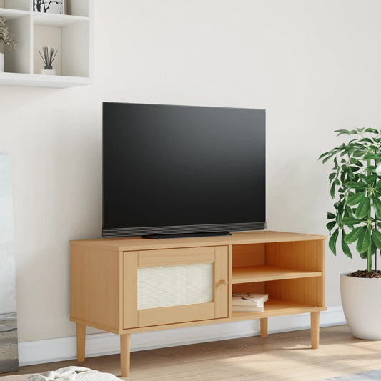 Meuble TV SENJA aspect rotin marron 106x40x49 cm pinède