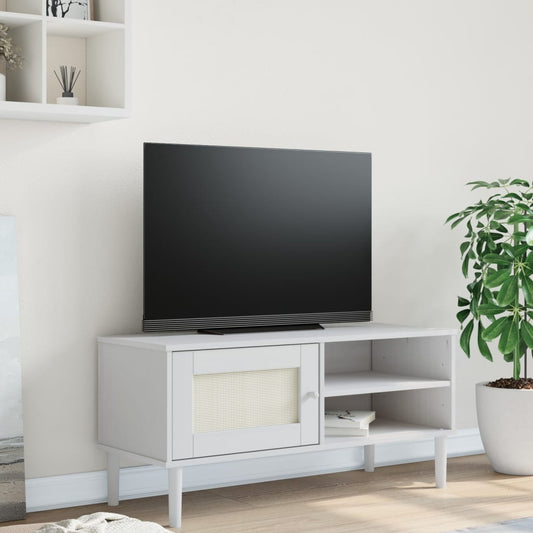 Meuble TV SENJA aspect rotin blanc 106x40x49 cm pinède