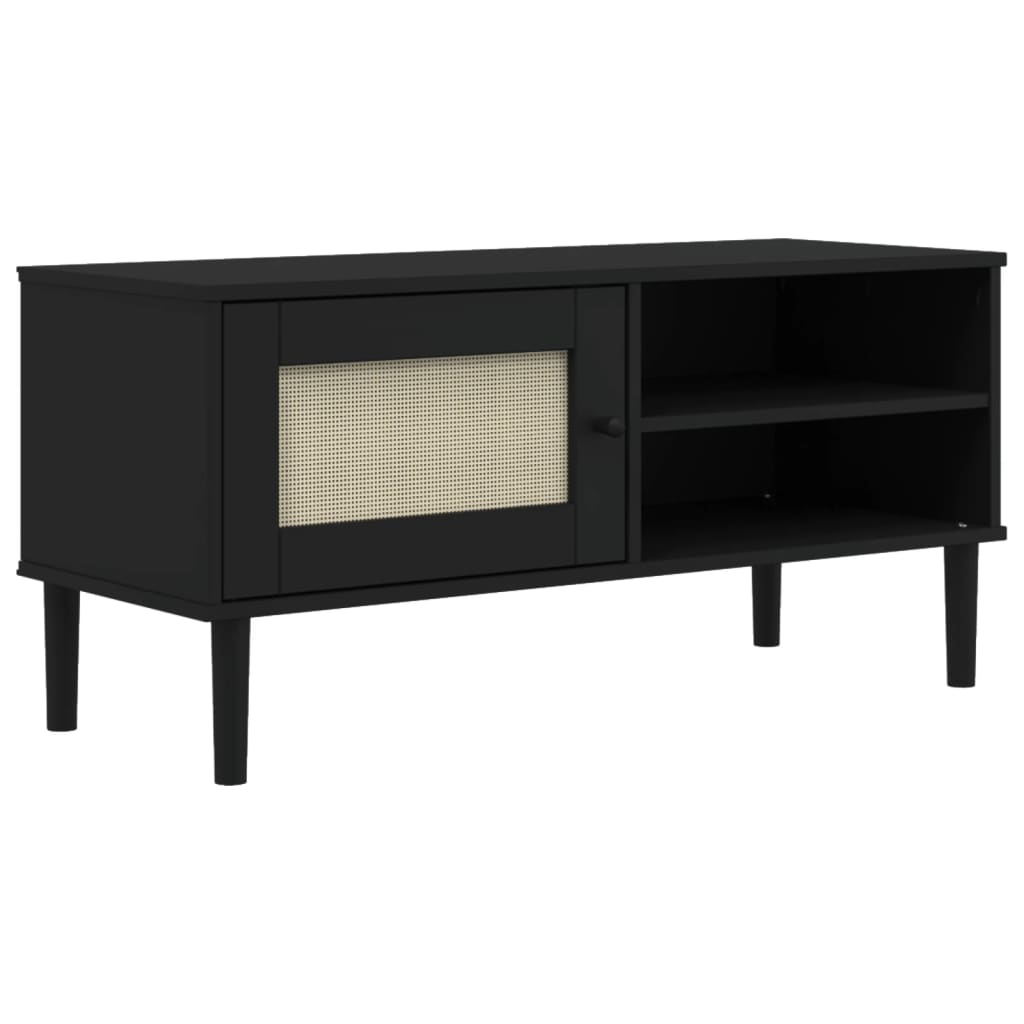 Meuble TV SENJA aspect rotin noir 106x40x49 cm pinède
