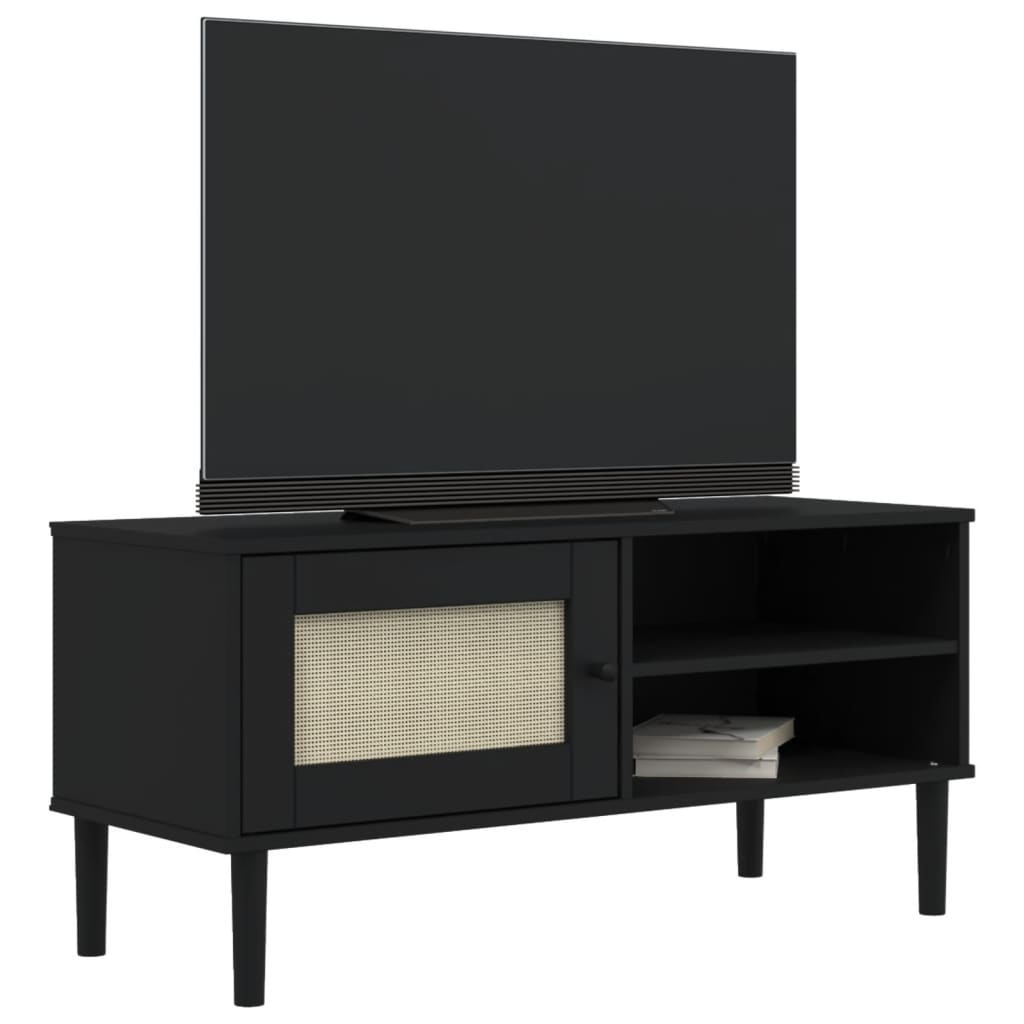 Meuble TV SENJA aspect rotin noir 106x40x49 cm pinède