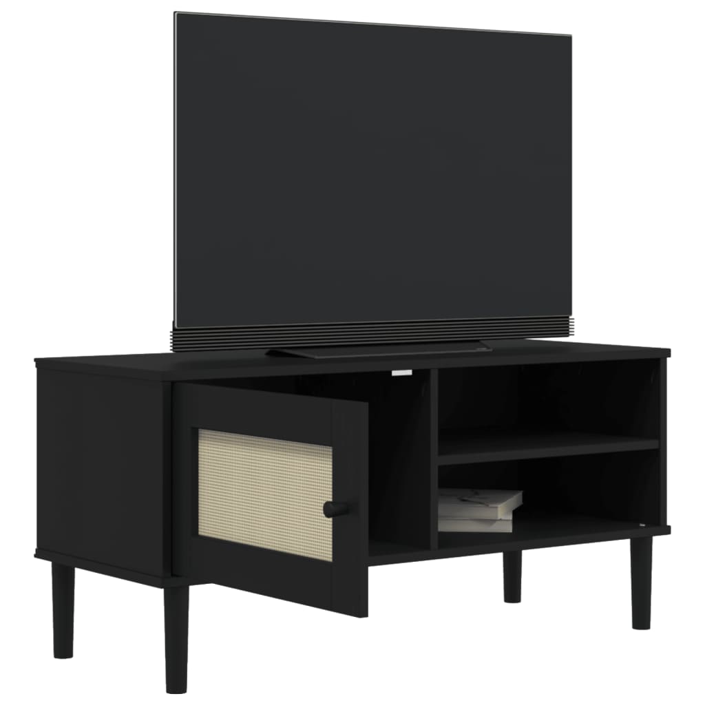 Meuble TV SENJA aspect rotin noir 106x40x49 cm pinède