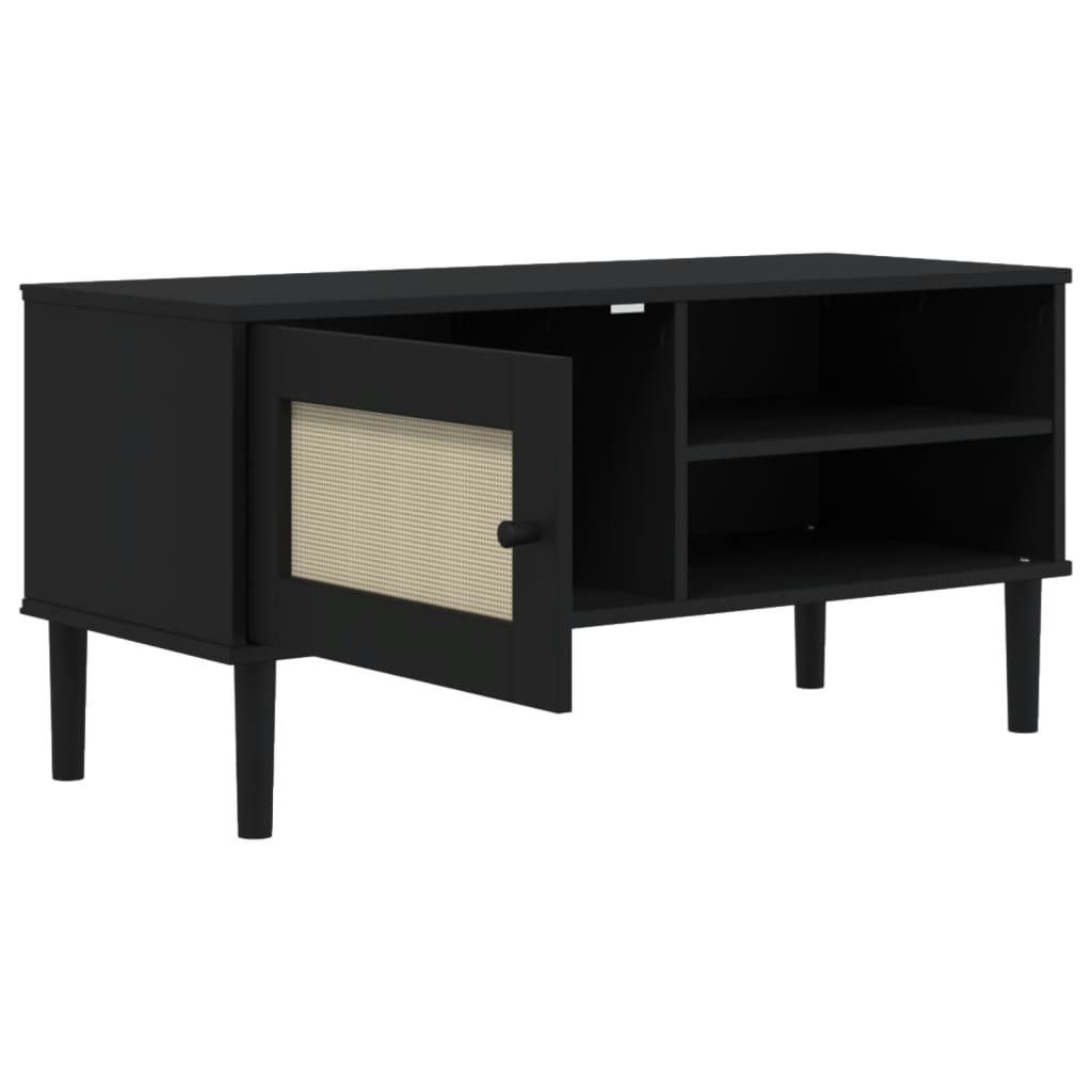Meuble TV SENJA aspect rotin noir 106x40x49 cm pinède