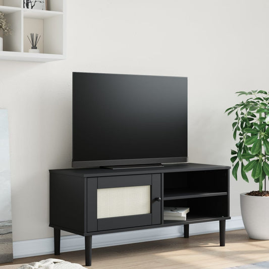 Meuble TV SENJA aspect rotin noir 106x40x49 cm pinède