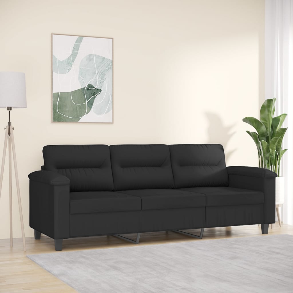 Canapé 3 places noir 180 cm tissu microfibre