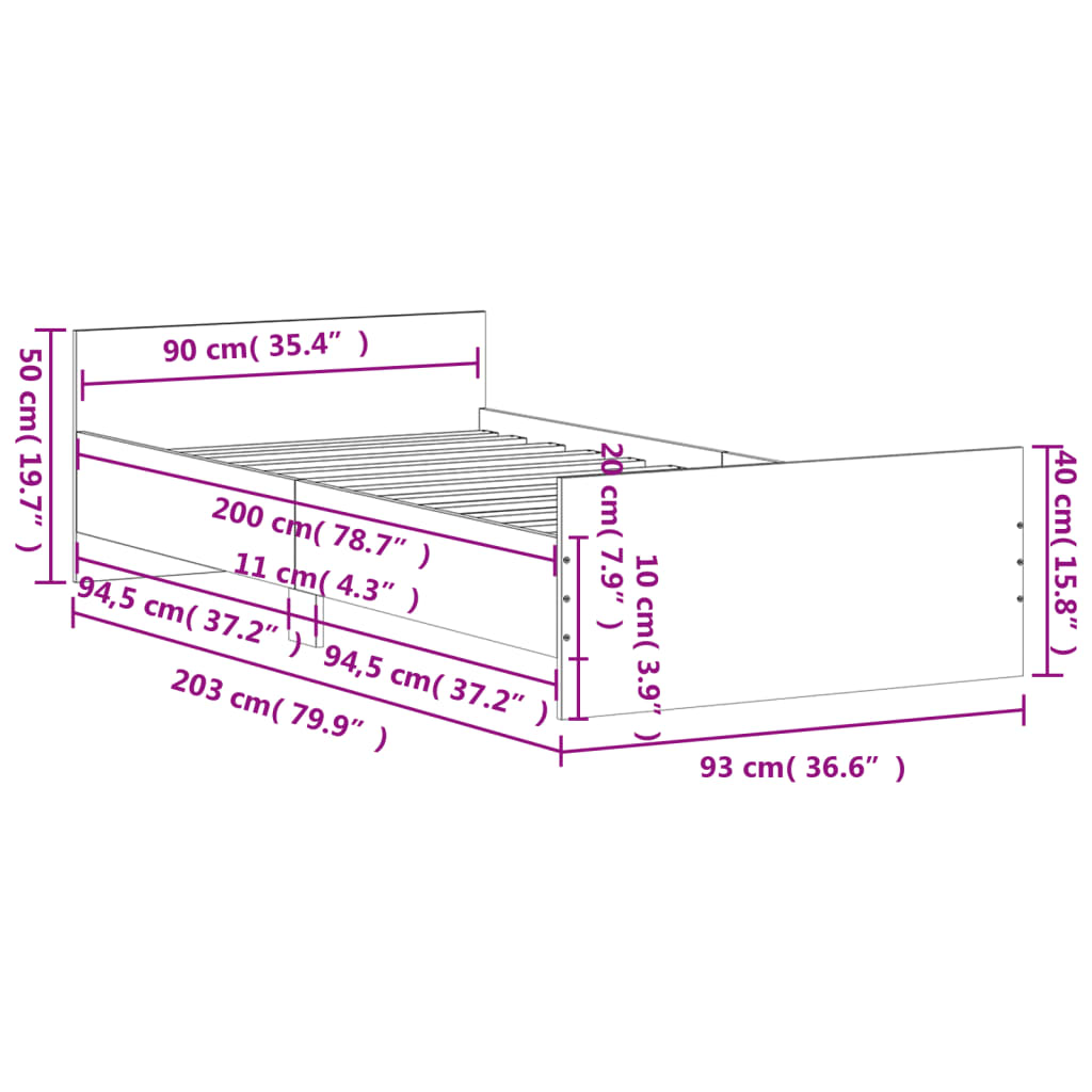 Bed frame concrete grey 90x200 cm wood material