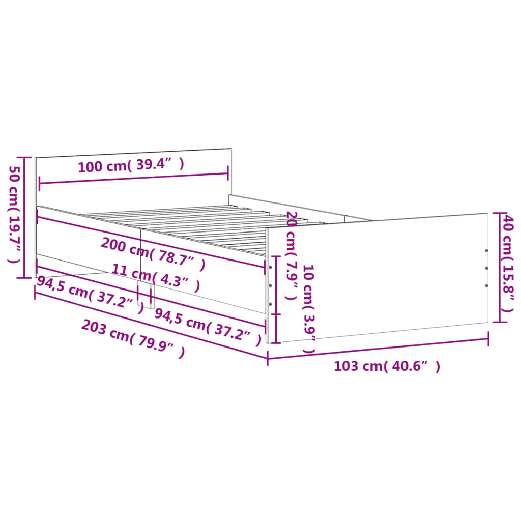 Bed frame concrete grey 100x200 cm wood material