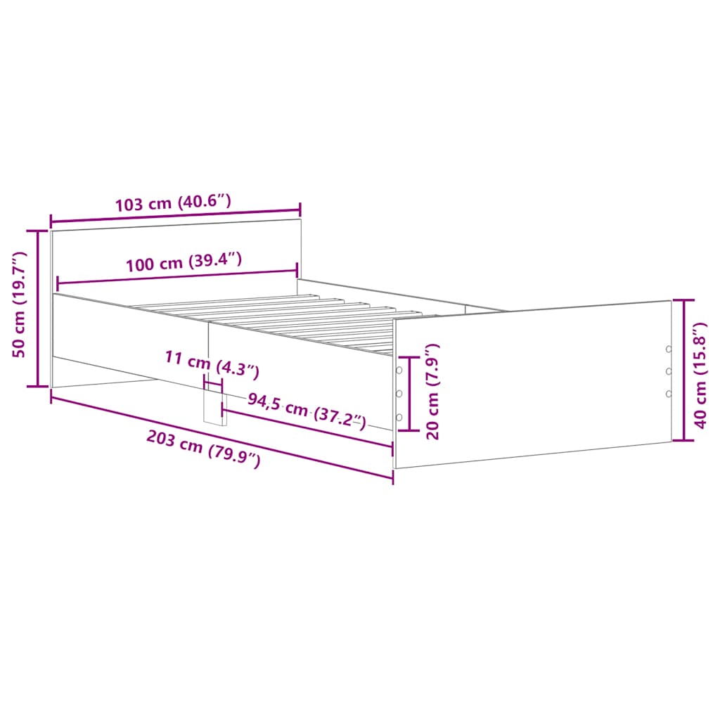 Bed frame concrete grey 100x200 cm wood material