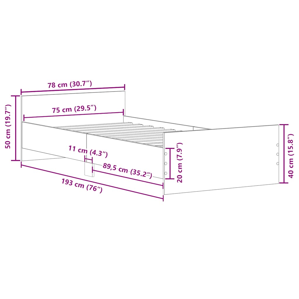 Bed frame concrete grey 75x190 cm wood material