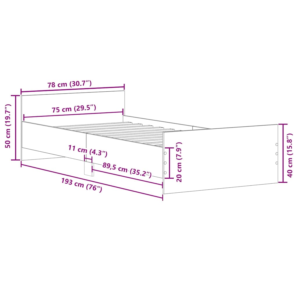 Bed frame Grey Sonoma 75x190 cm wood material
