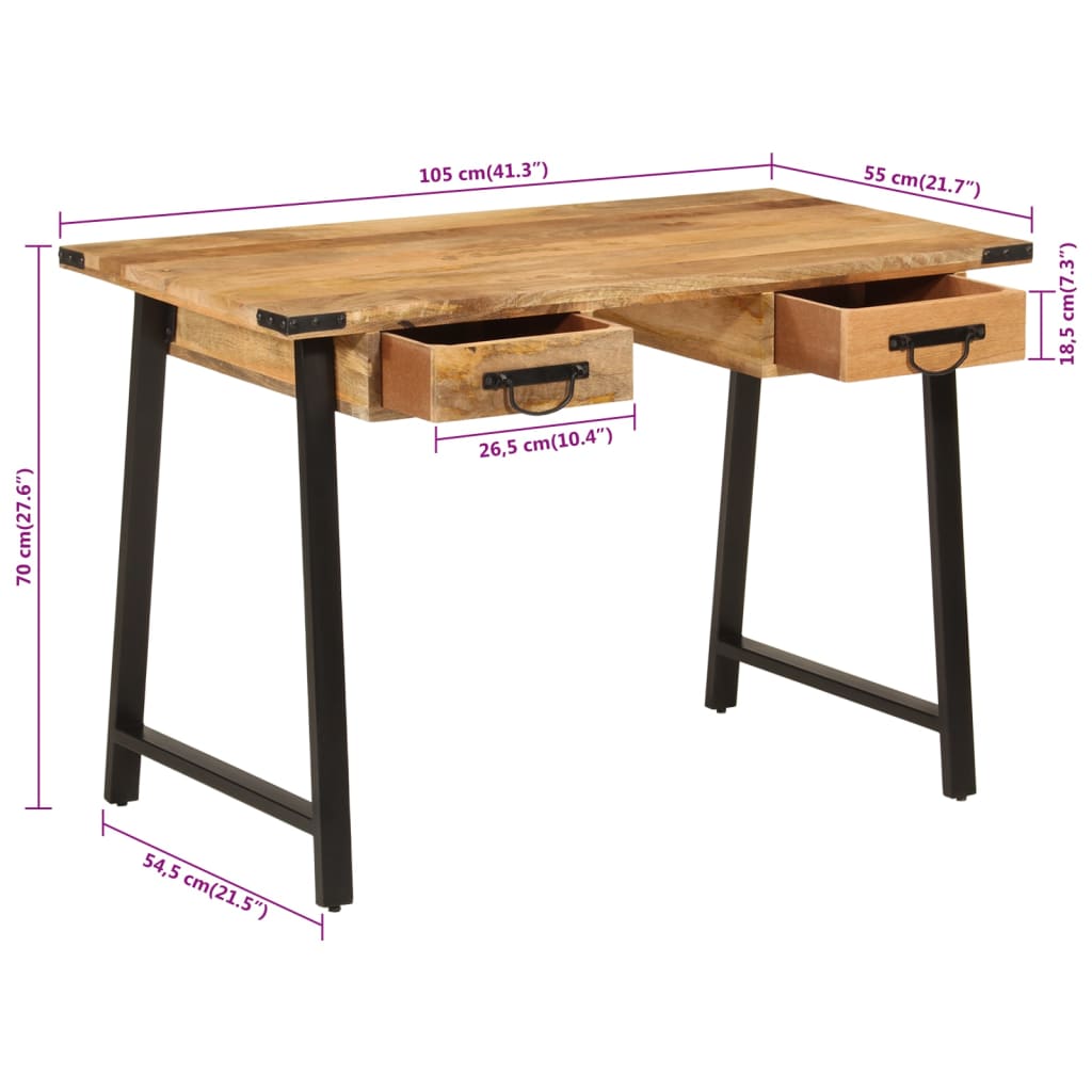 Desk with drawers 105x55x70 cm solid mango wood iron