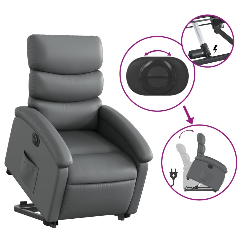 Fauteuil inclinable avec aide électrique au verticalisation, gris, simili cuir