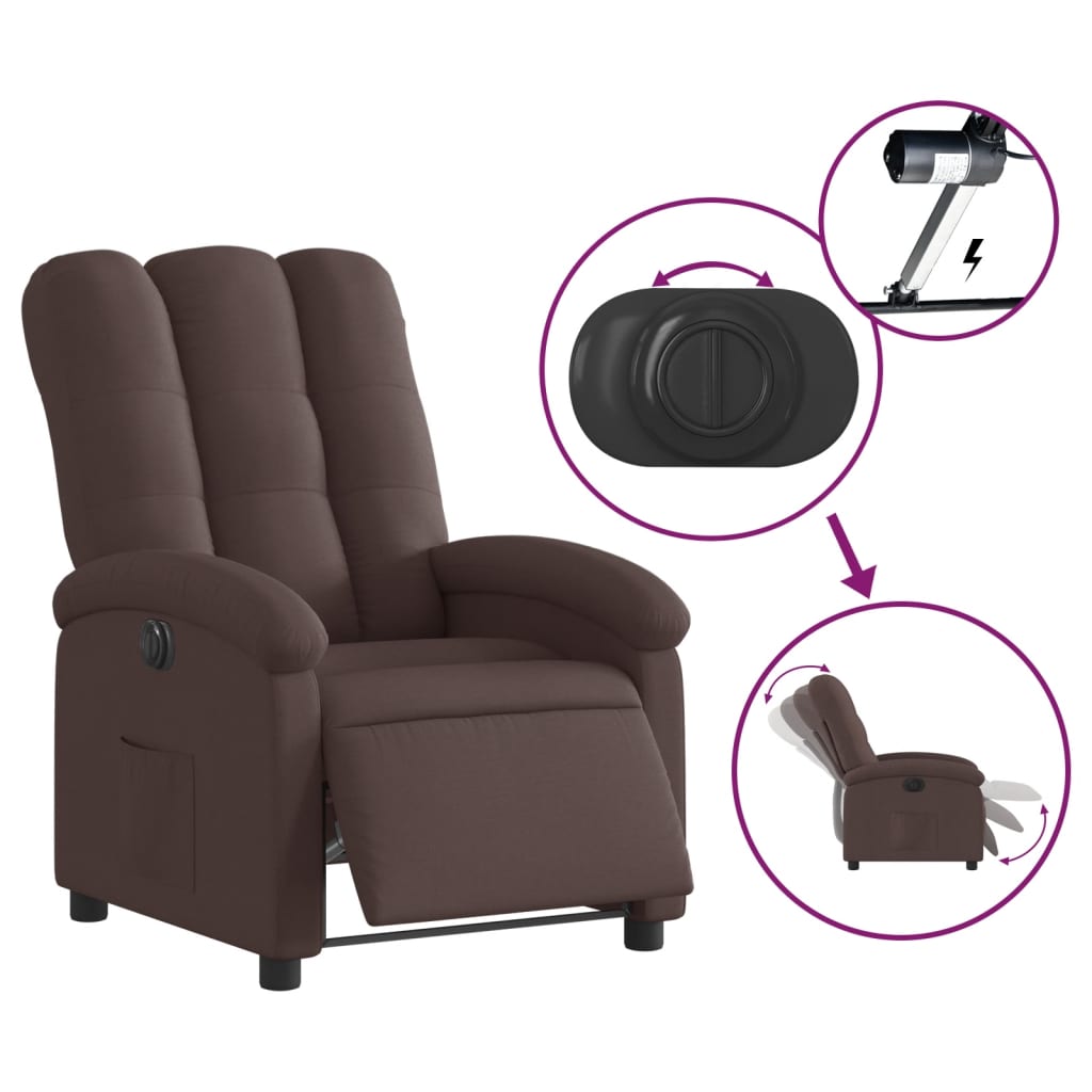 Electric recliner chair in dark brown fabric