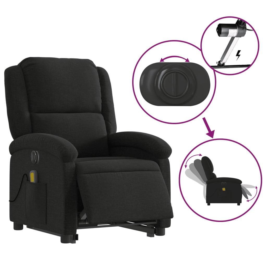 Fauteuil de massage électrique avec aide au verticalisation, tissu noir