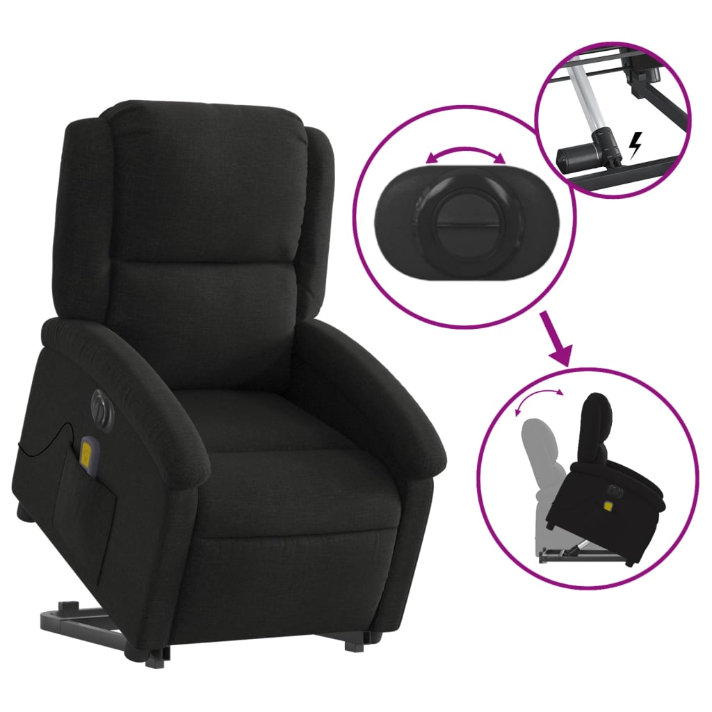 Fauteuil de massage électrique avec aide au verticalisation, tissu noir