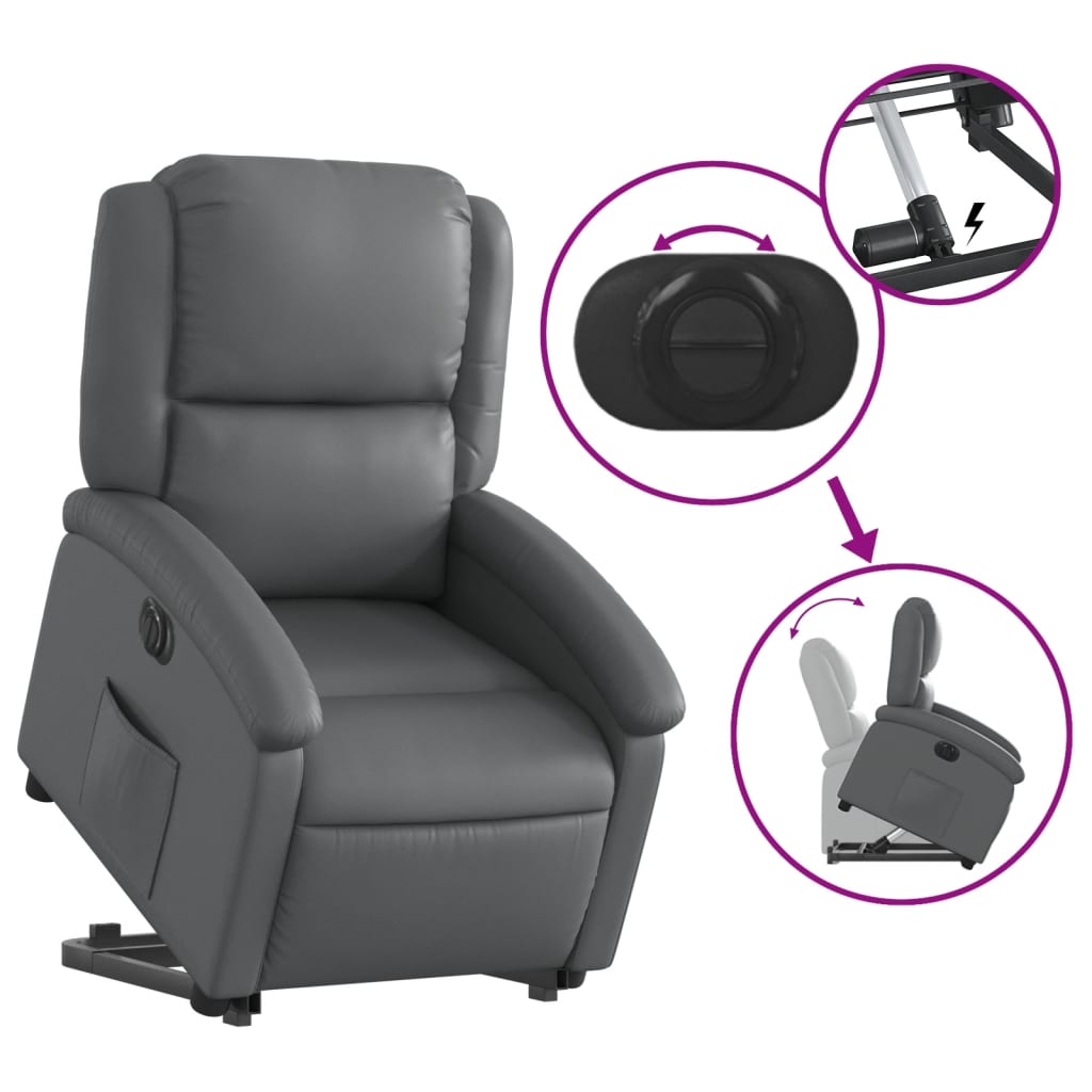 Fauteuil inclinable avec aide électrique au verticalisation, gris, simili cuir