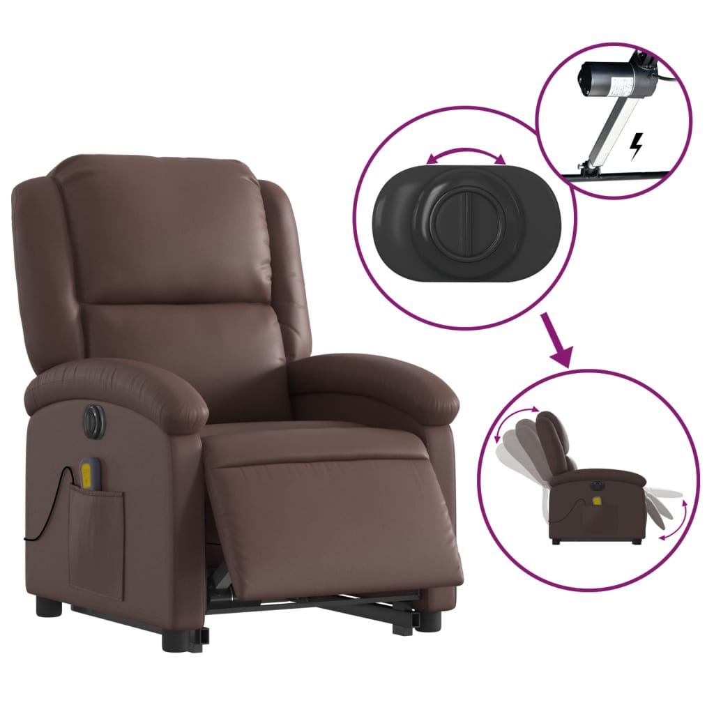 Fauteuil de massage avec aide électrique au verticalisation, simili cuir marron