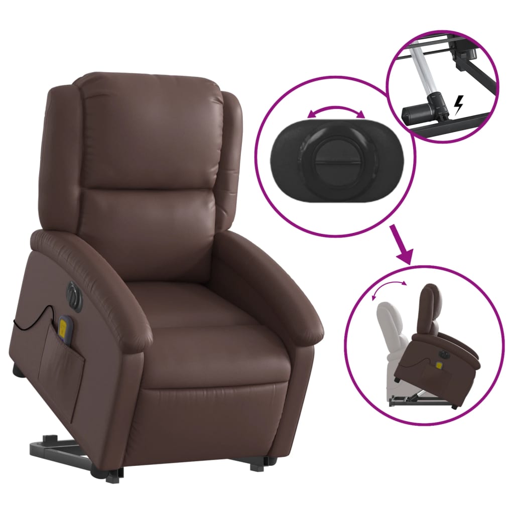 Fauteuil de massage avec aide électrique au verticalisation, simili cuir marron