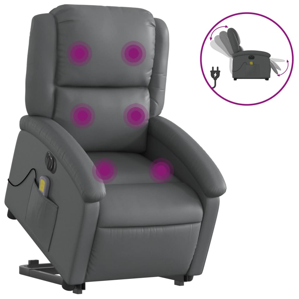 Fauteuil de massage avec aide électrique au verticalisation, gris, cuir synthétique