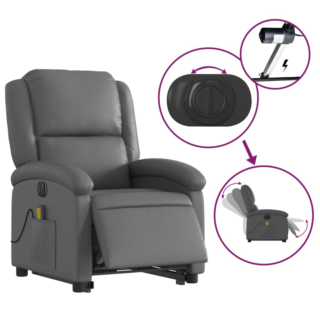 Fauteuil de massage avec aide électrique au verticalisation, gris, cuir synthétique