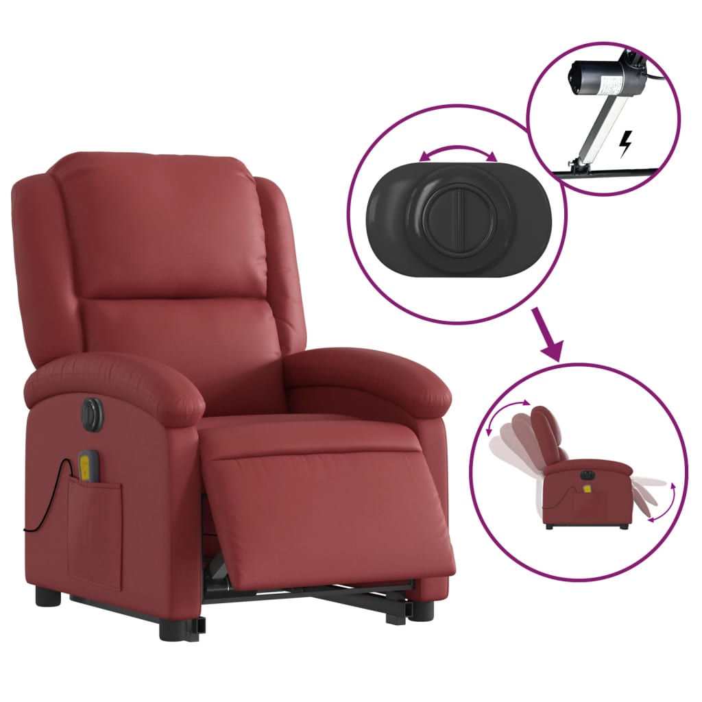 Fauteuil de massage avec aide électrique au verticalisation, rouge vin, cuir artificiel