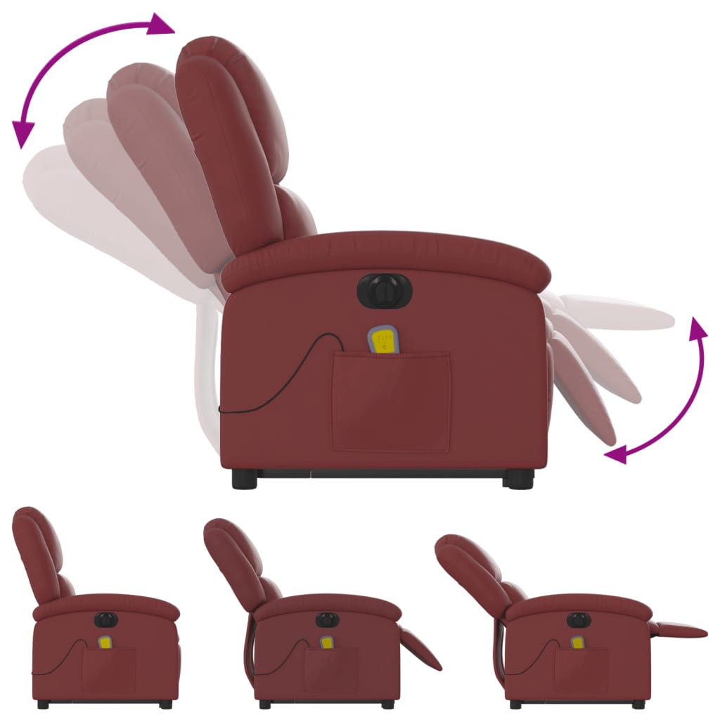 Fauteuil de massage avec aide électrique au verticalisation, rouge vin, cuir artificiel