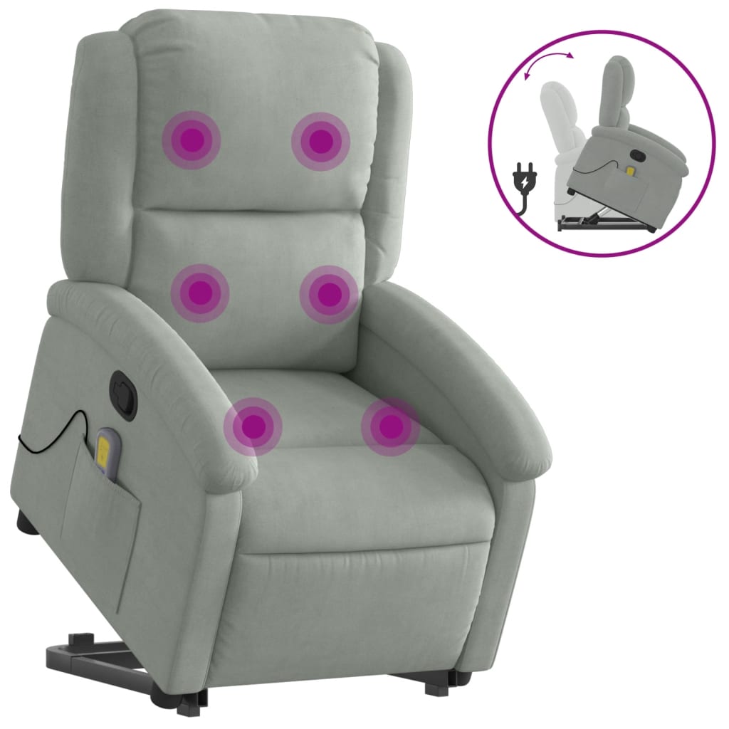 Massage chair with stand-up aid light grey velvet