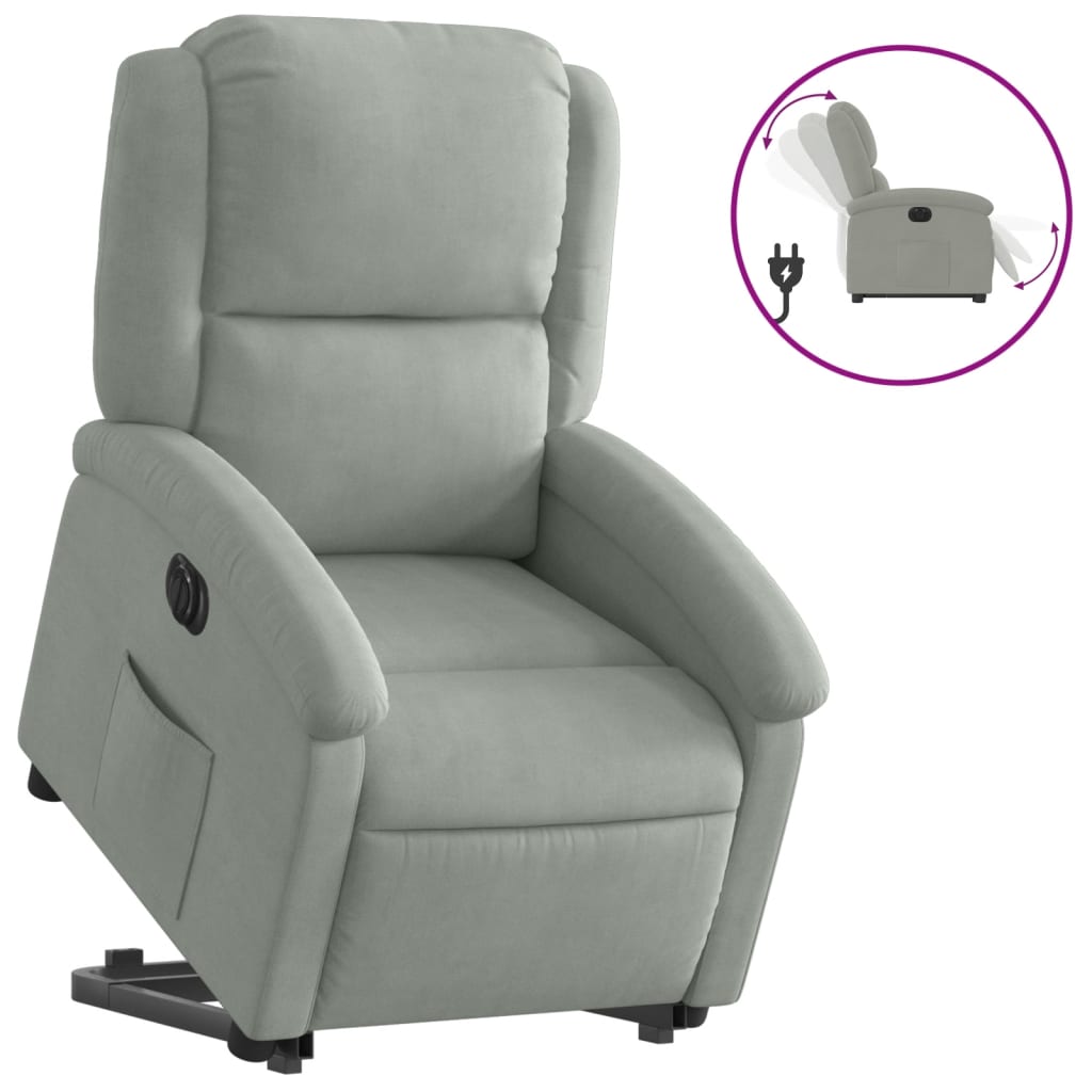 Relaxing chair with electric riser in light grey velvet