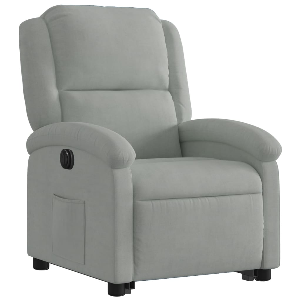 Relaxing chair with electric riser in light grey velvet