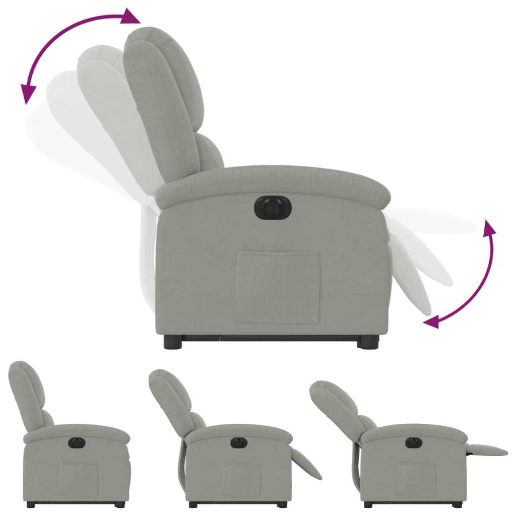 Relaxing chair with electric riser in light grey velvet