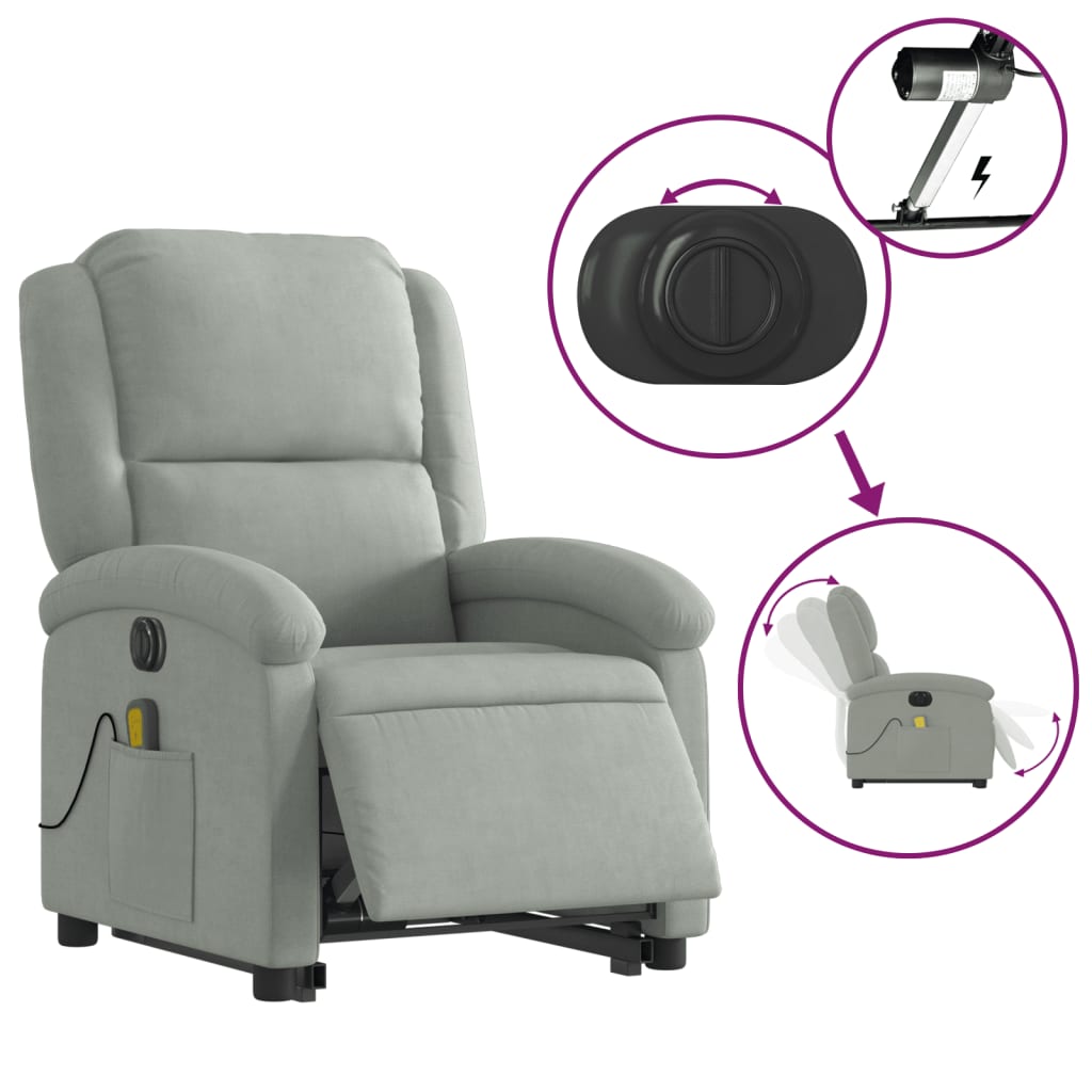 Fauteuil de massage avec aide électrique au verticalisation, velours gris clair