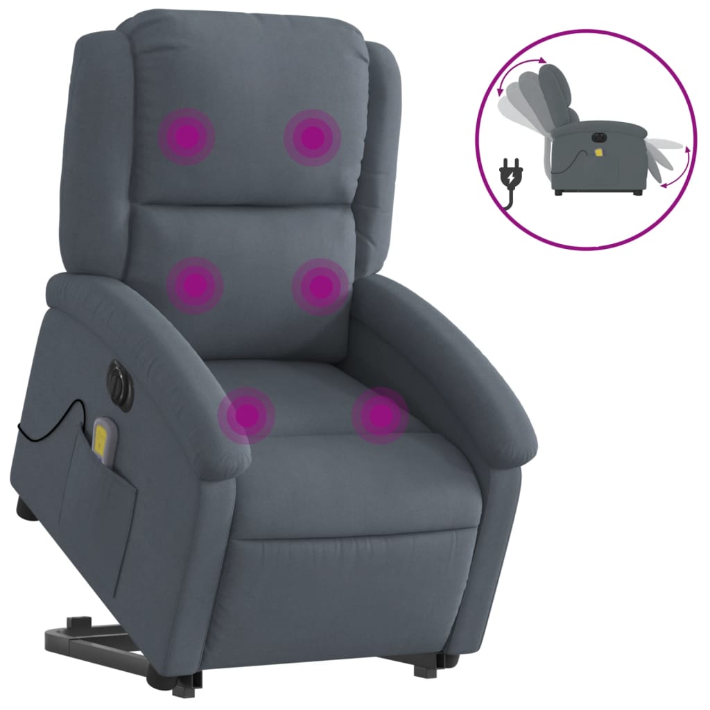 Fauteuil de massage avec aide électrique au verticalisation, velours gris foncé