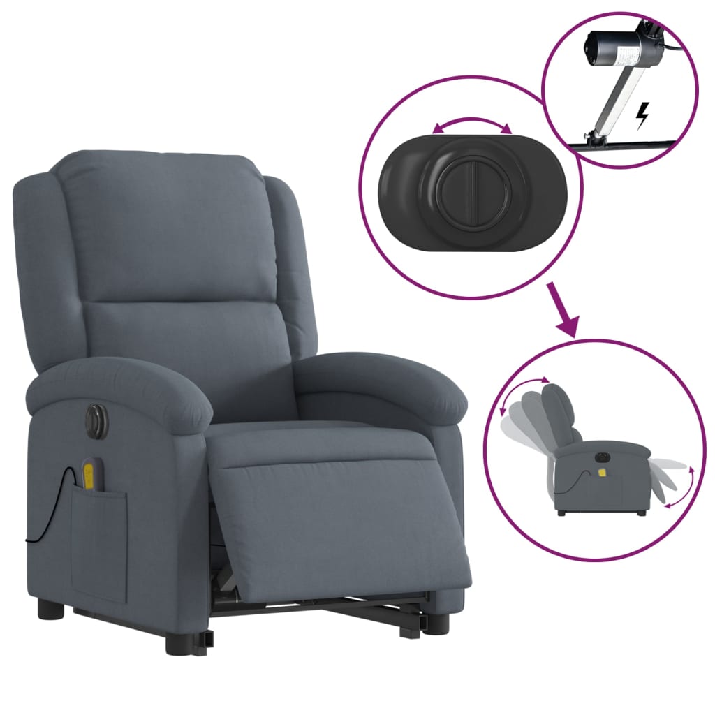 Fauteuil de massage avec aide électrique au verticalisation, velours gris foncé