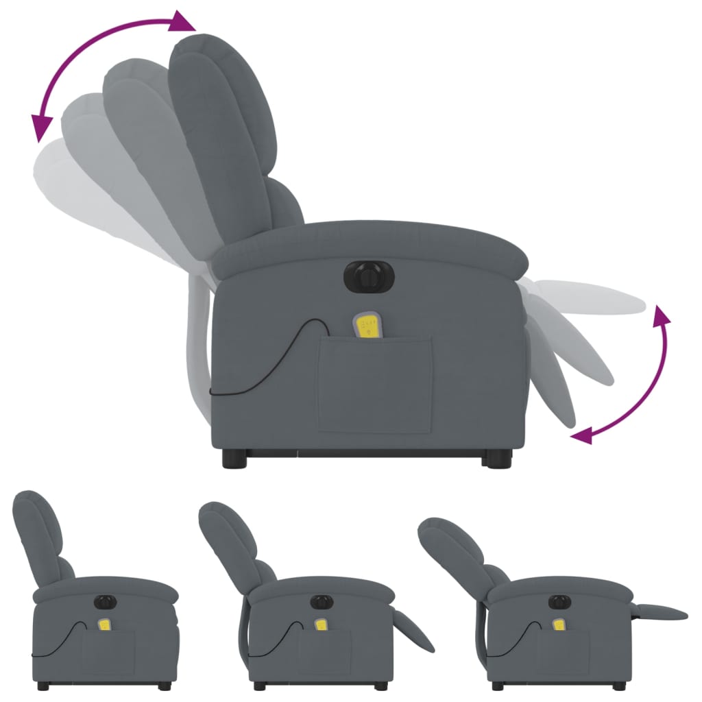Fauteuil de massage avec aide électrique au verticalisation, velours gris foncé