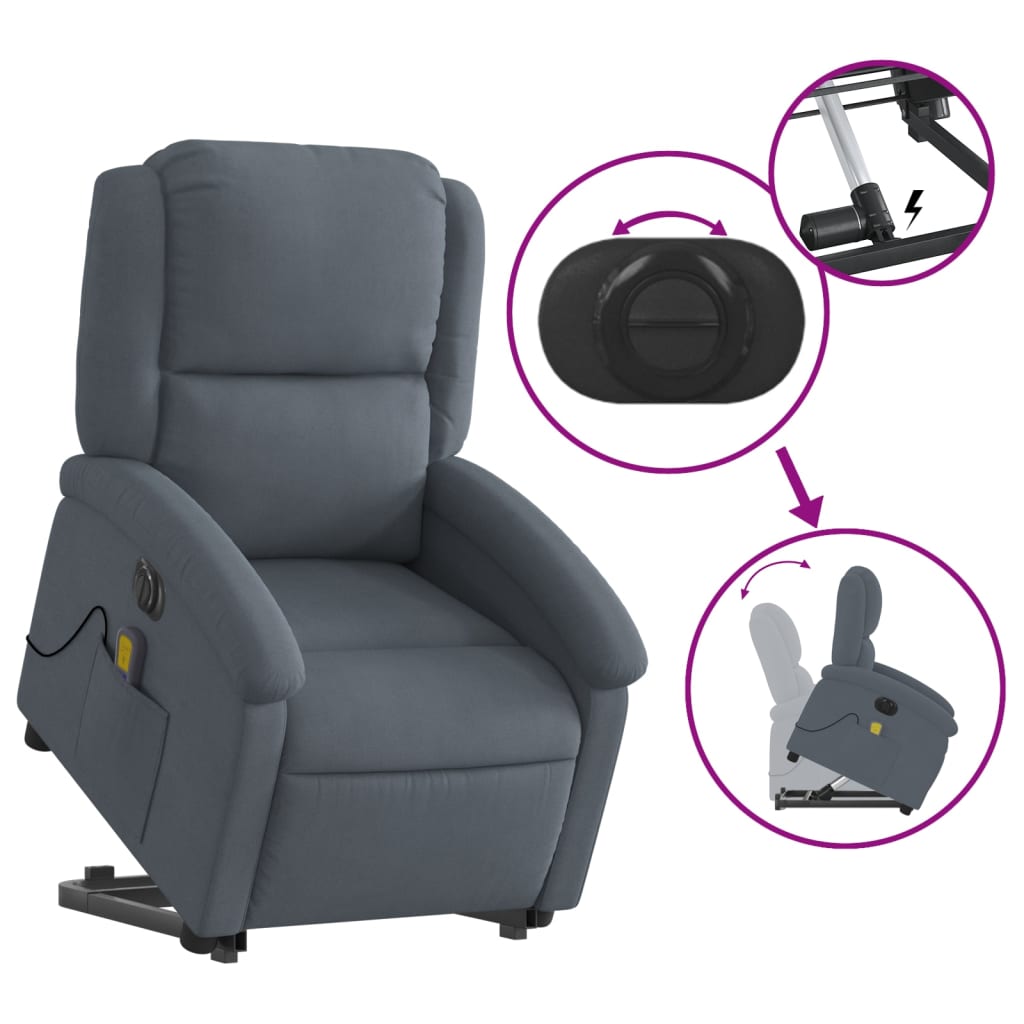 Fauteuil de massage avec aide électrique au verticalisation, velours gris foncé
