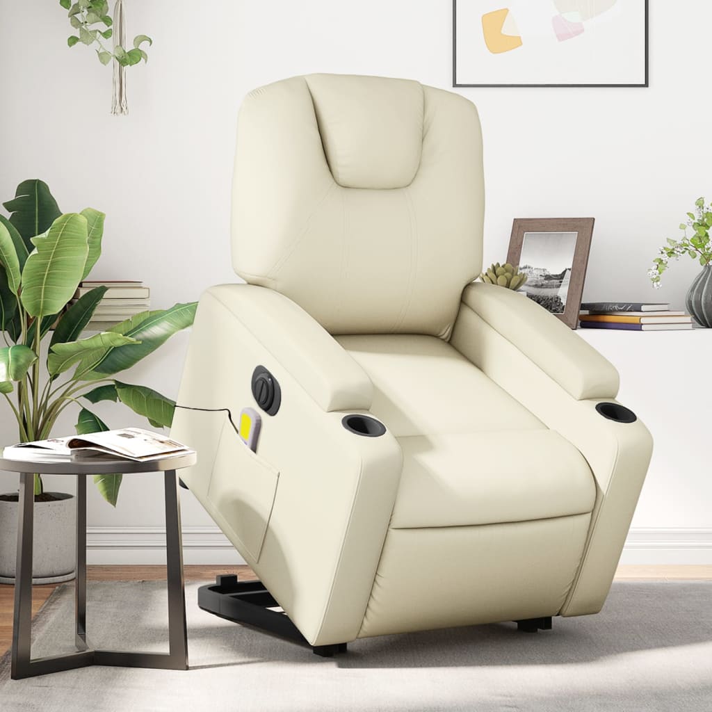Fauteuil de massage avec aide électrique au verticalisation, couleur crème, cuir artificiel