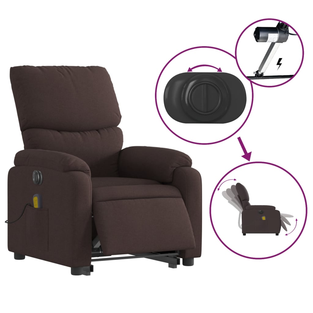 Fauteuil de massage électrique avec aide à la verticalisation, tissu marron foncé