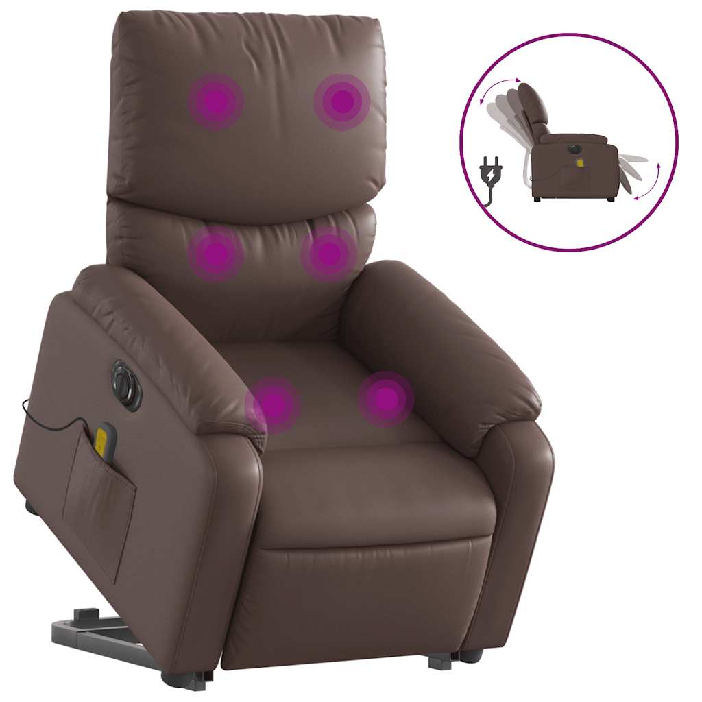 Fauteuil de massage avec aide électrique au verticalisation, simili cuir marron