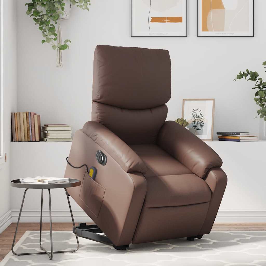 Fauteuil de massage avec aide électrique au verticalisation, simili cuir marron