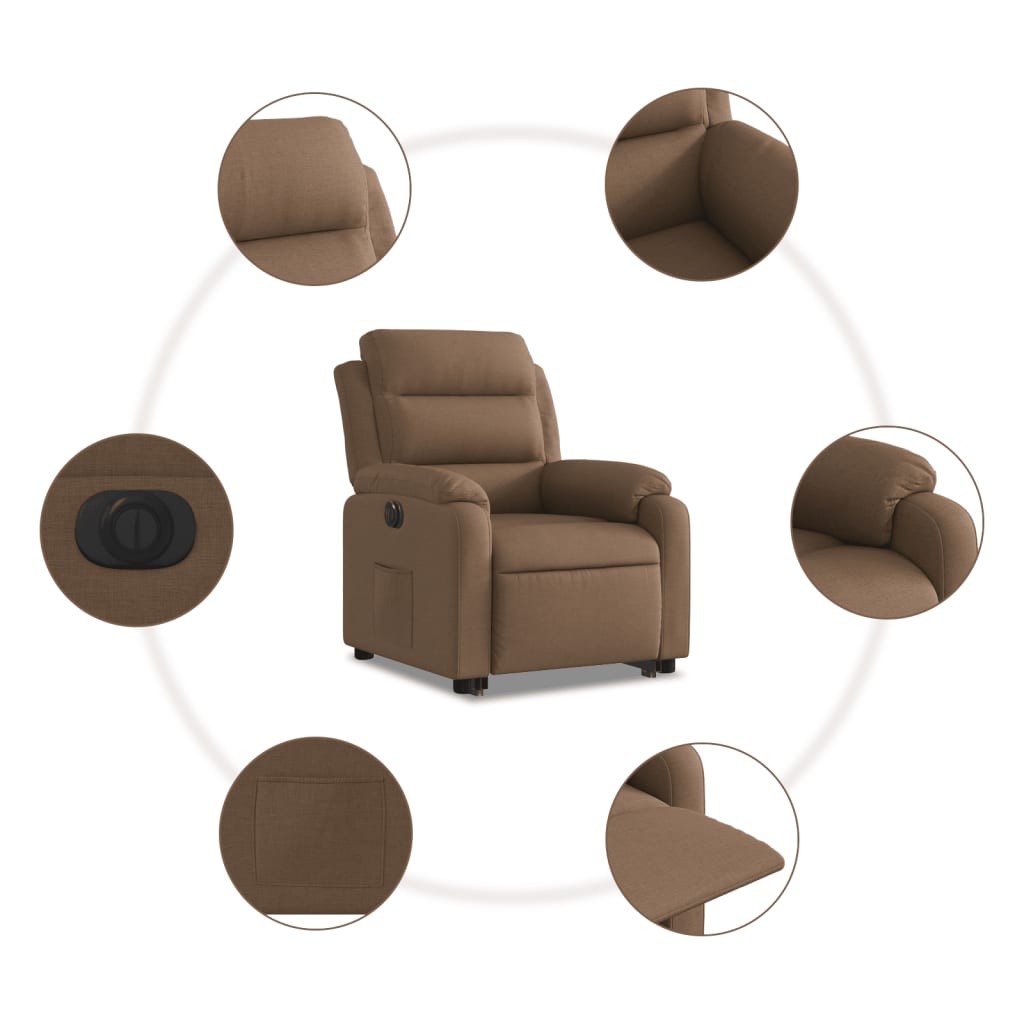 Recliner chair with electric riser, brown fabric