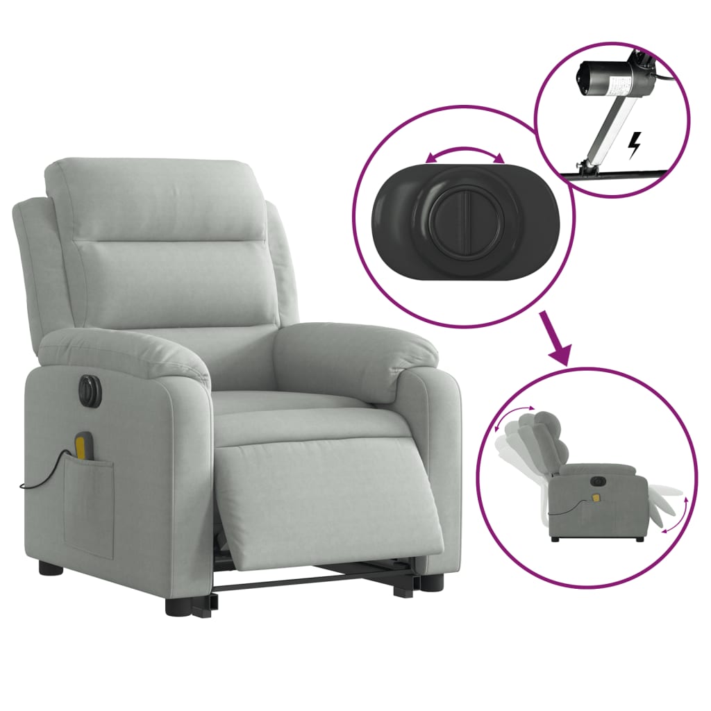 Fauteuil de massage avec aide électrique au verticalisation, velours gris clair