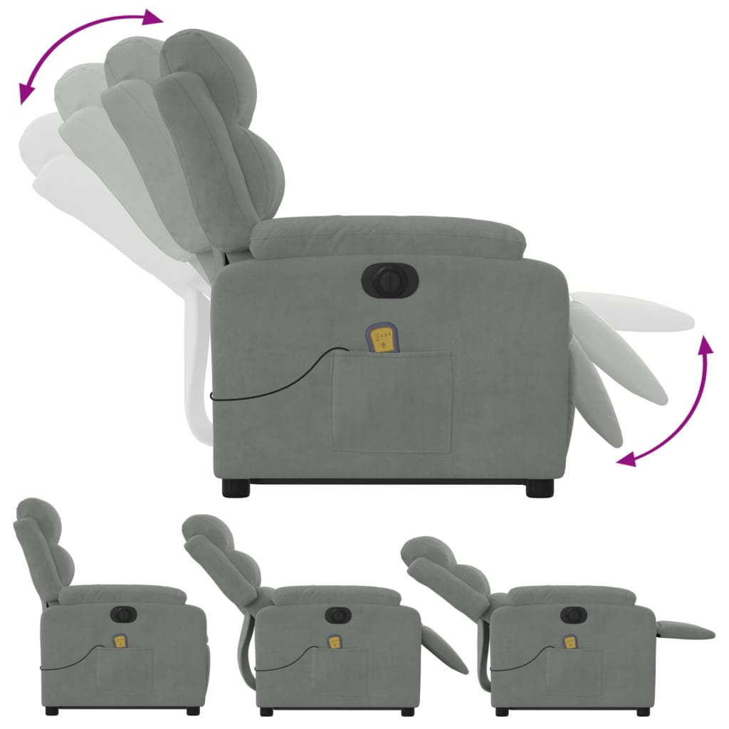Fauteuil de massage avec aide électrique au verticalisation, velours gris clair